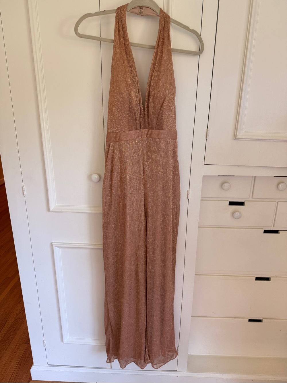 BHLDN Rose Gold Halter V-Neck Sparkle Jumpsuit